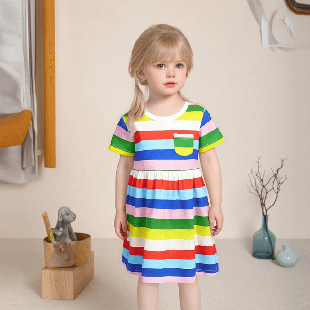 Rainbow Stripe Girls Summer Dress With Pocket - Beekee