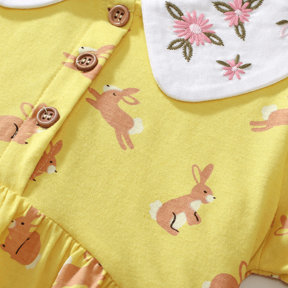 Sweet Bunny Print Girls Dress With Puff Sleeves - Beekee