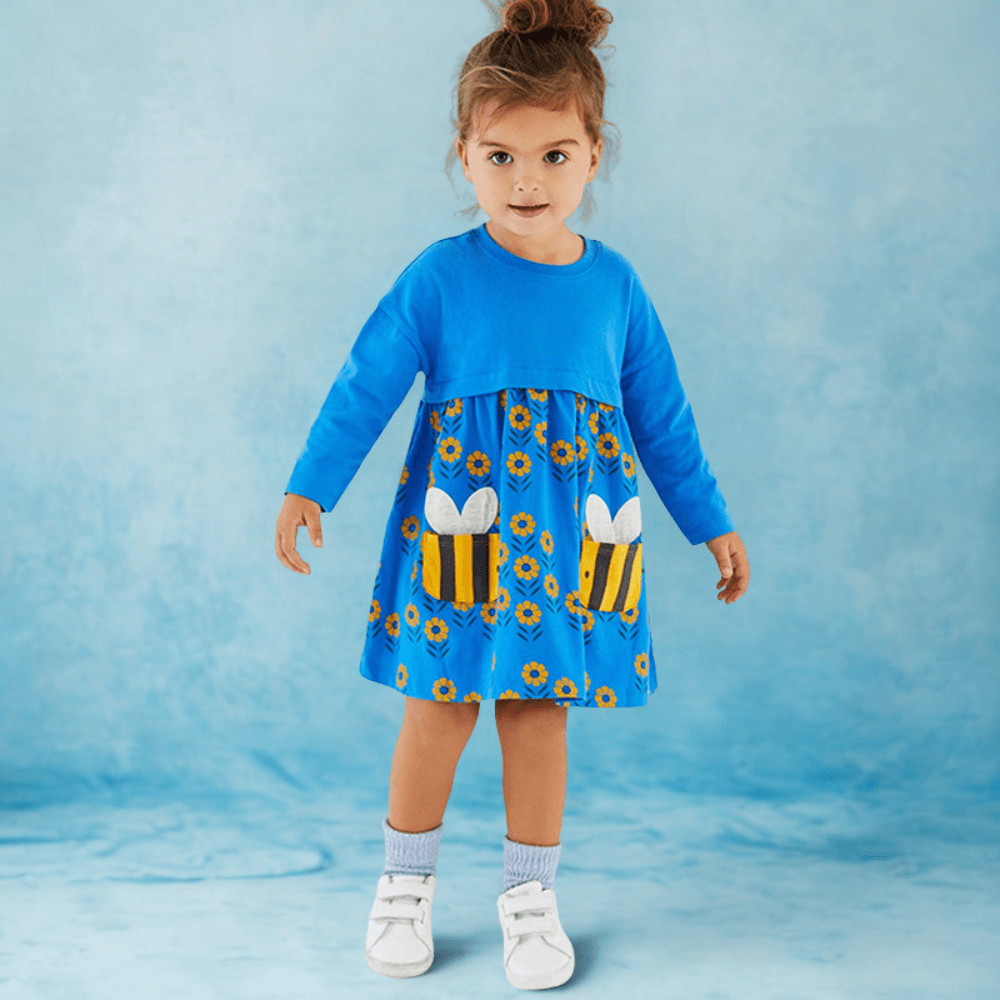 Cheerful Buzzing Bee & Flower Girls Long Sleeve Dress - Beekee