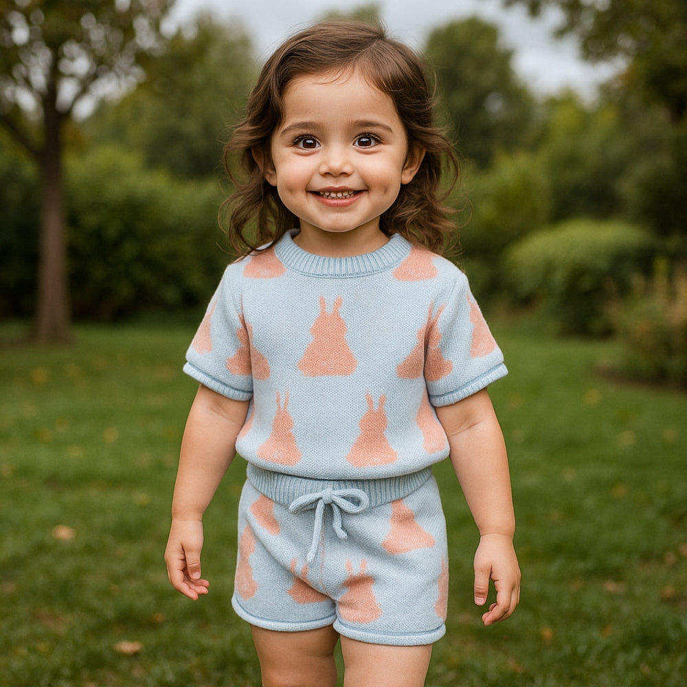 Bunny Print Knitted Girls Top and Shorts Set - Beekee