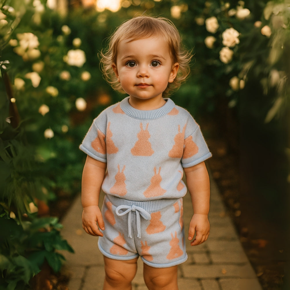 Bunny Print Knitted Girls Top and Shorts Set - Beekee