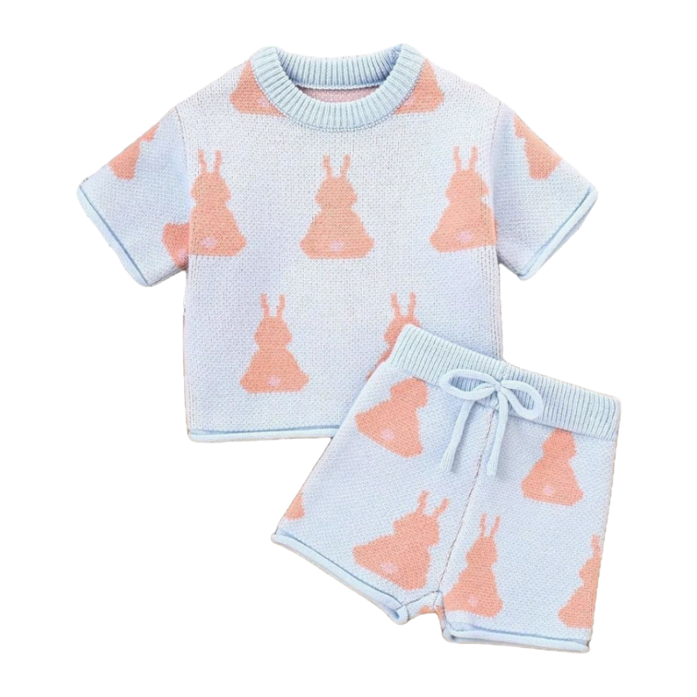 Bunny Print Knitted Girls Top and Shorts Set - Beekee