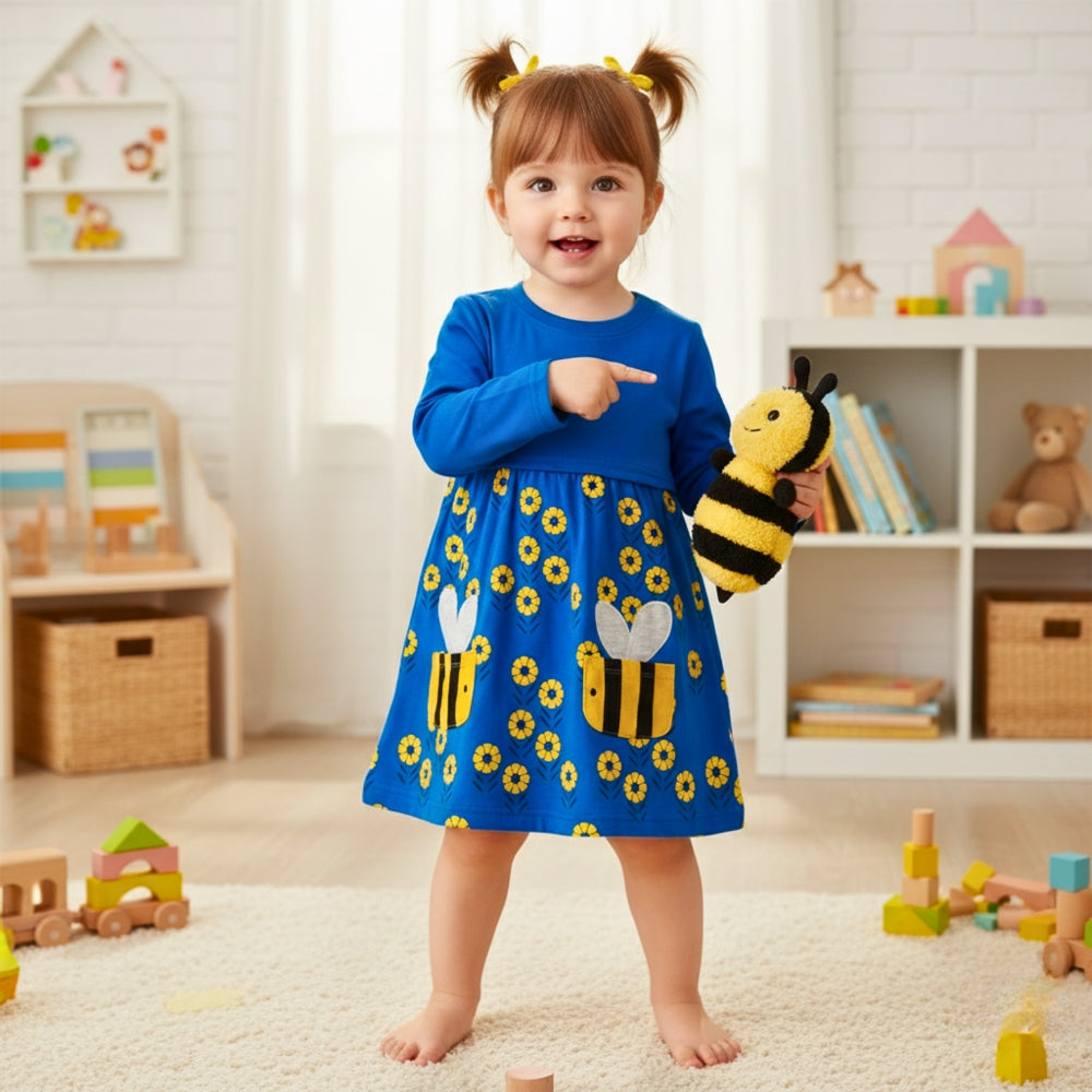 Cheerful Buzzing Bee & Flower Girls Long Sleeve Dress - Beekee