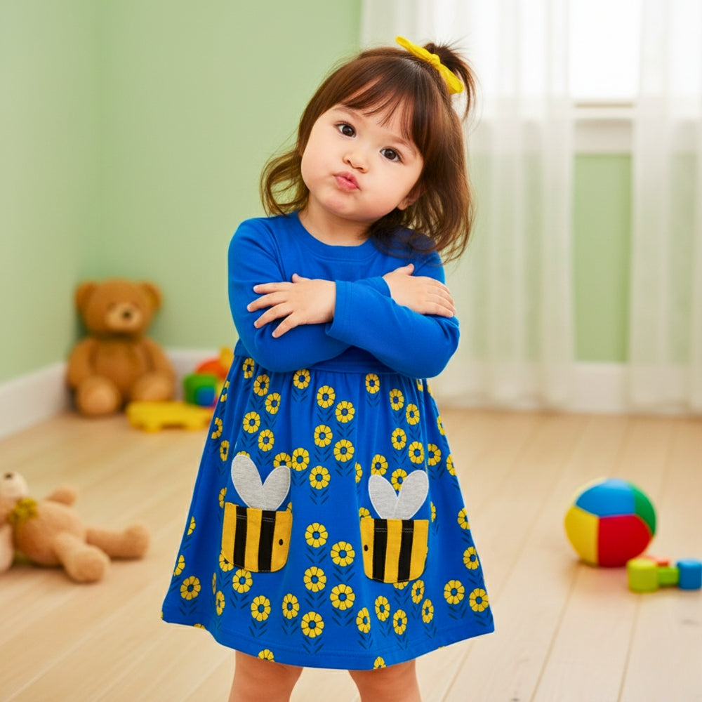 Cheerful Buzzing Bee & Flower Girls Long Sleeve Dress - Beekee