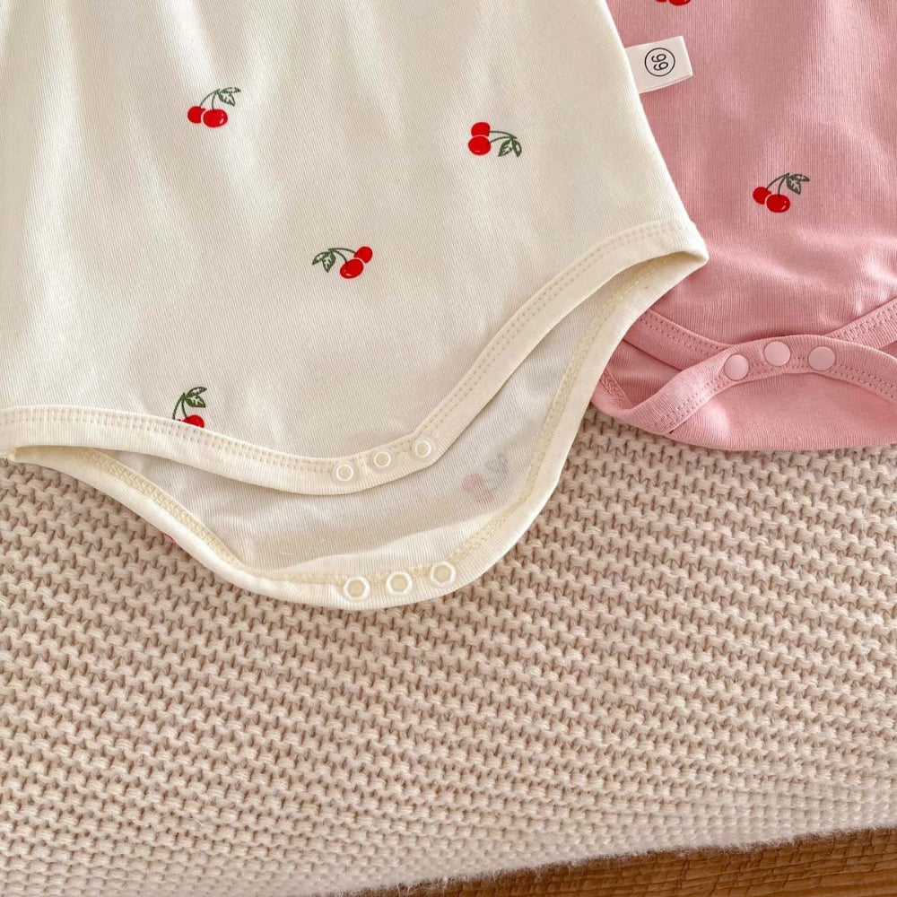 Cherry Print Ruffle Neck Romper and Bonnet Set - Beekee