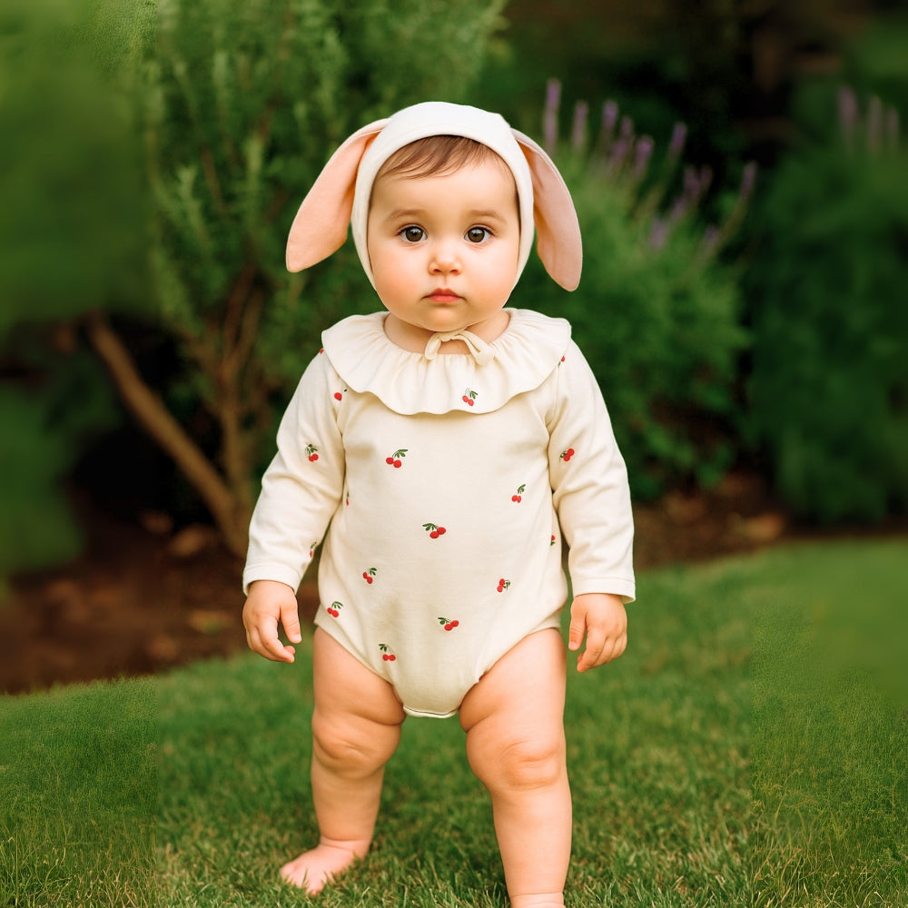 Cherry Print Ruffle Neck Romper and Bonnet Set - Beekee