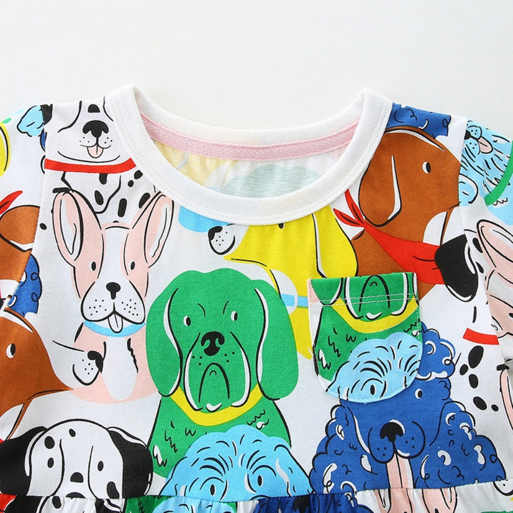 Colorful Puppy Print Girls Dress - Beekee