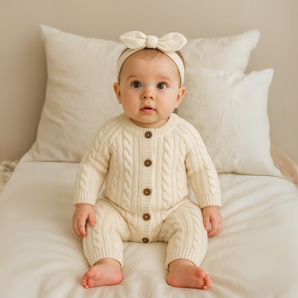 Cozy Cable Knit Button-Up Romper - Beekee