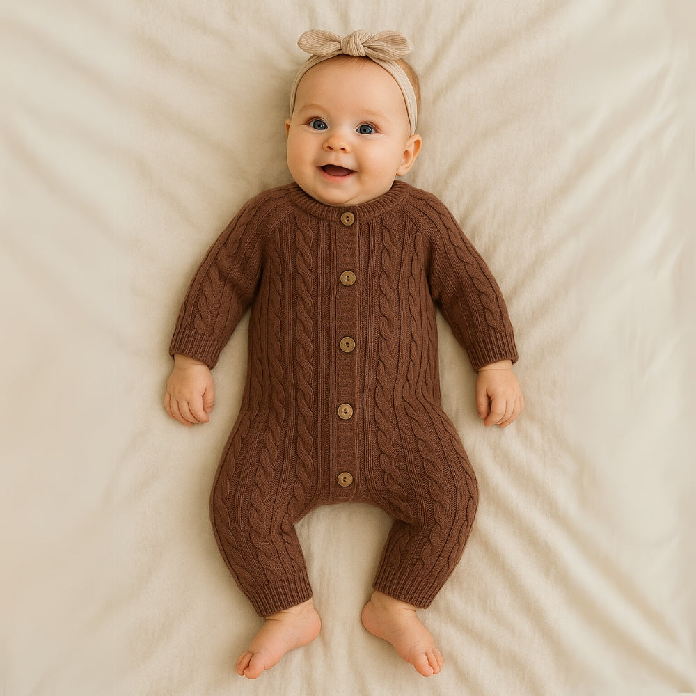 Cozy Cable Knit Button-Up Romper - Beekee