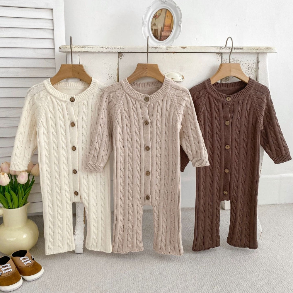 Cozy Cable Knit Button-Up Romper - Beekee