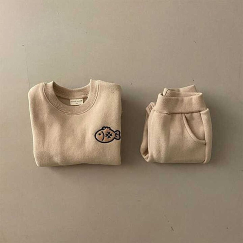 Fish Embroidery Cotton Sweatshirt and Jogger Set - Beekee