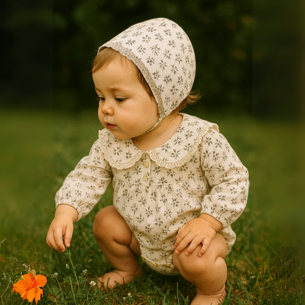 Floral Cotton Romper and Bonnet Set - Beekee