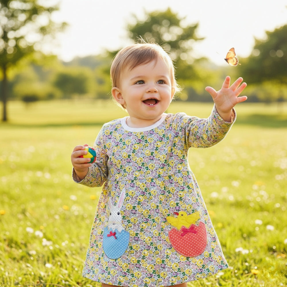 long sleeve bunny dress Girls Long Sleeve Dress | 100% Cotton Floral Print with Bunny & Chick  Detail | Sizes 2Y-7Y