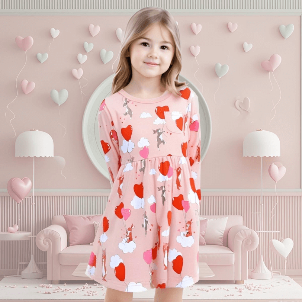 Cozy Pink Heart & Animal Balloon Girls Long Sleeve Dress - Beekee