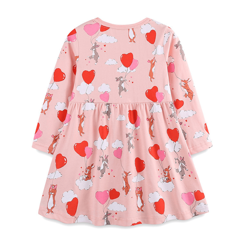 Cozy Pink Heart & Animal Balloon Girls Long Sleeve Dress - Beekee