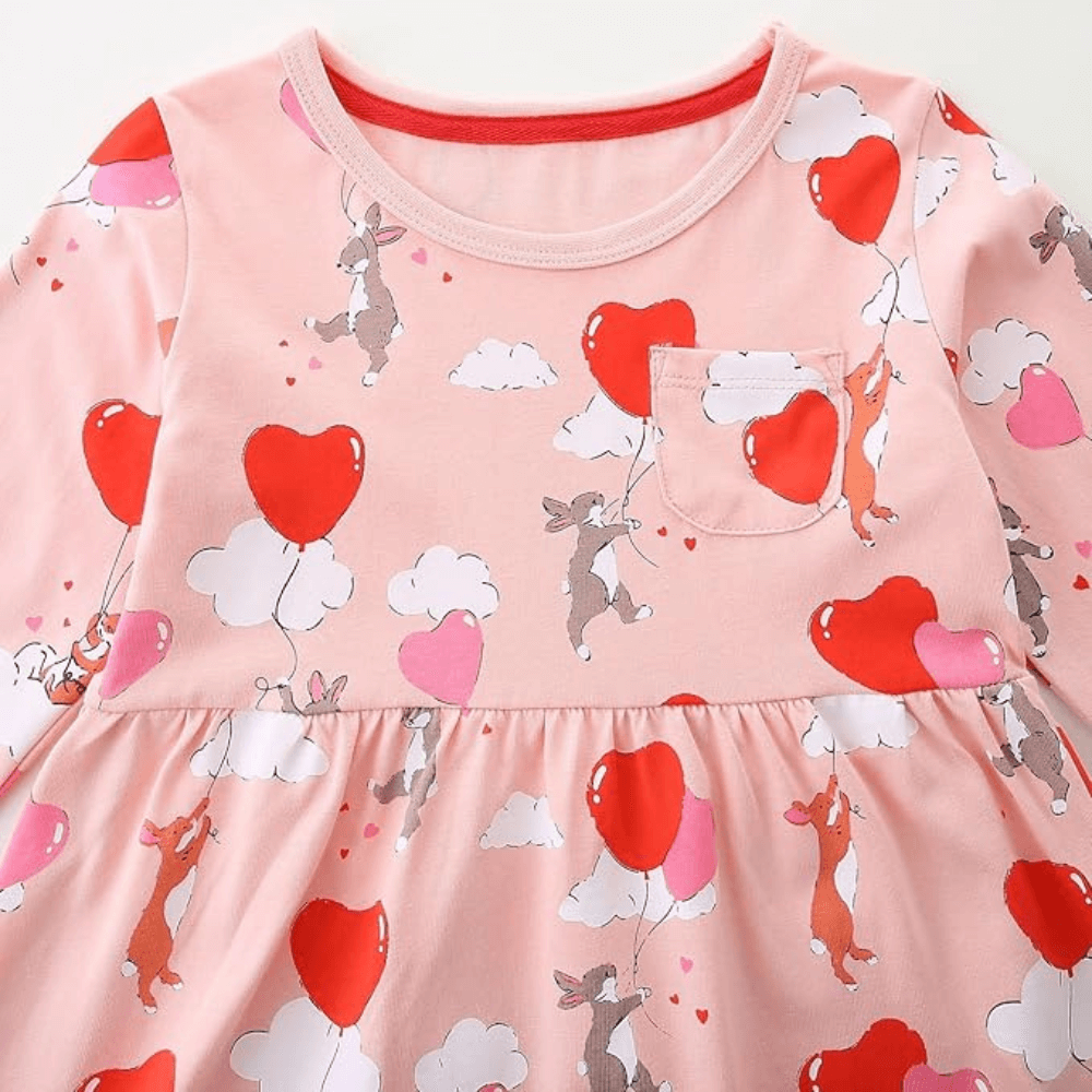 Cozy Pink Heart & Animal Balloon Girls Long Sleeve Dress - Beekee
