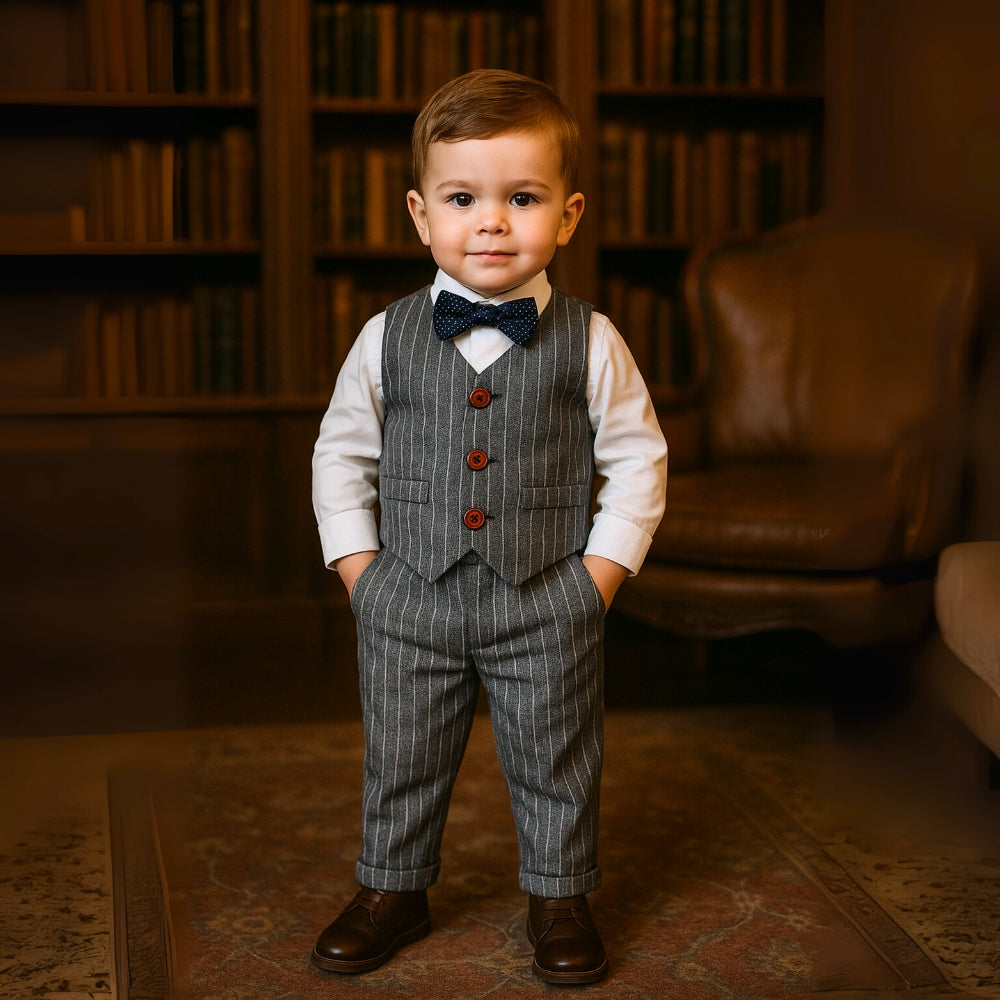 Handsome Pinstripe Vest and Bow Tie Boys Formal Set - Beekee