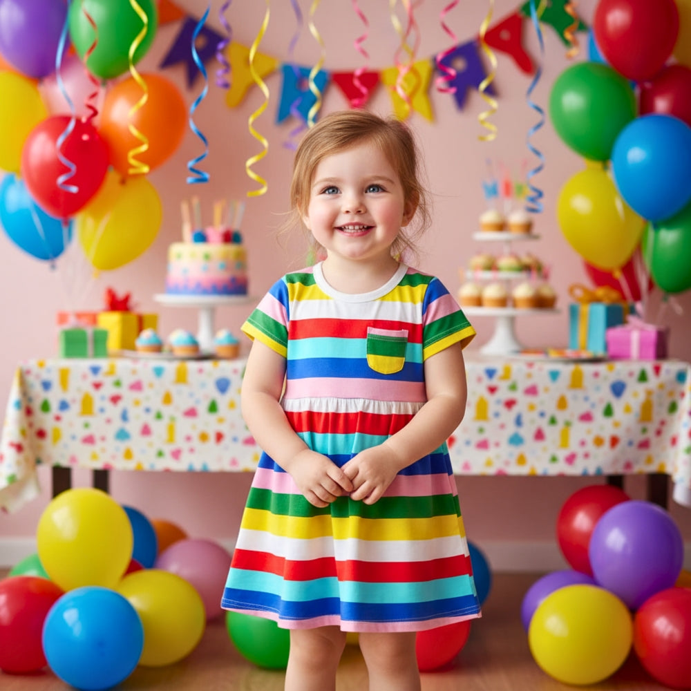 Rainbow Stripe Girls Summer Dress With Pocket - Beekee