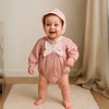 Ribbed Bow Pearl Button Bonnet Romper - Beekee