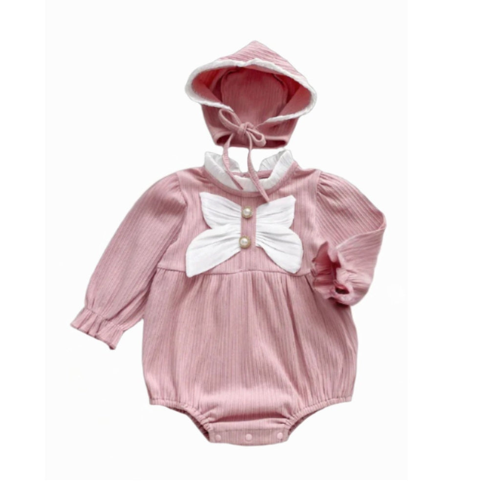 Ribbed Bow Pearl Button Bonnet Romper - Beekee