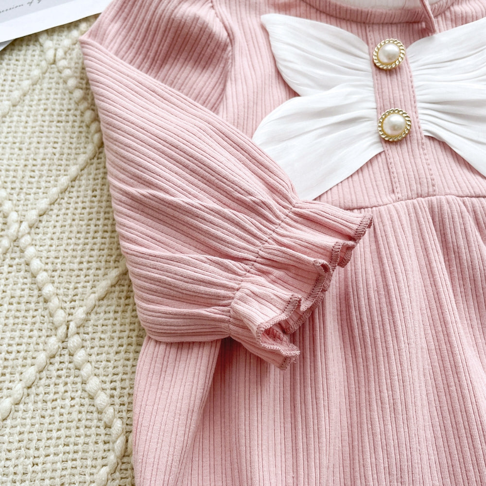 Ribbed Bow Pearl Button Bonnet Romper - Beekee