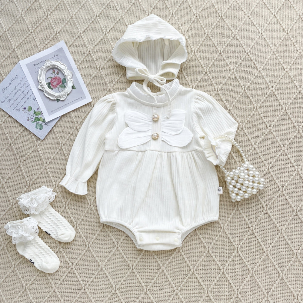 Ribbed Bow Pearl Button Bonnet Romper - Beekee
