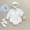 Ribbed Bow Pearl Button Bonnet Romper - Beekee