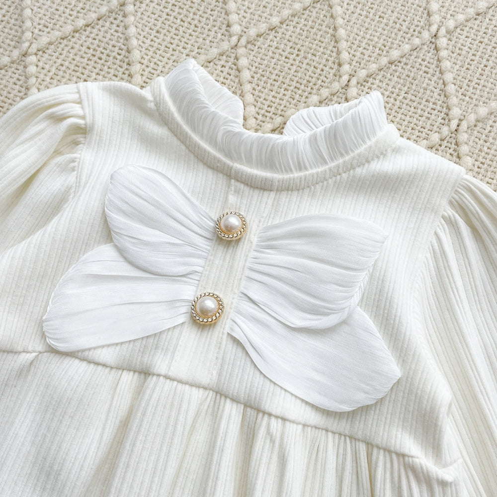 Ribbed Bow Pearl Button Bonnet Romper - Beekee