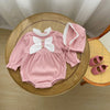 Ribbed Bow Pearl Button Bonnet Romper - Beekee