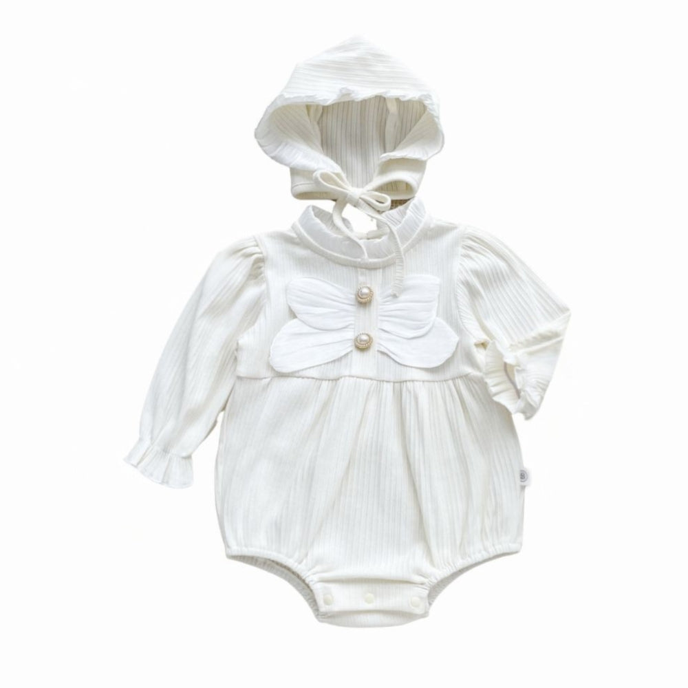 Ribbed Bow Pearl Button Bonnet Romper - Beekee