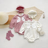 Ribbed Bow Pearl Button Bonnet Romper - Beekee