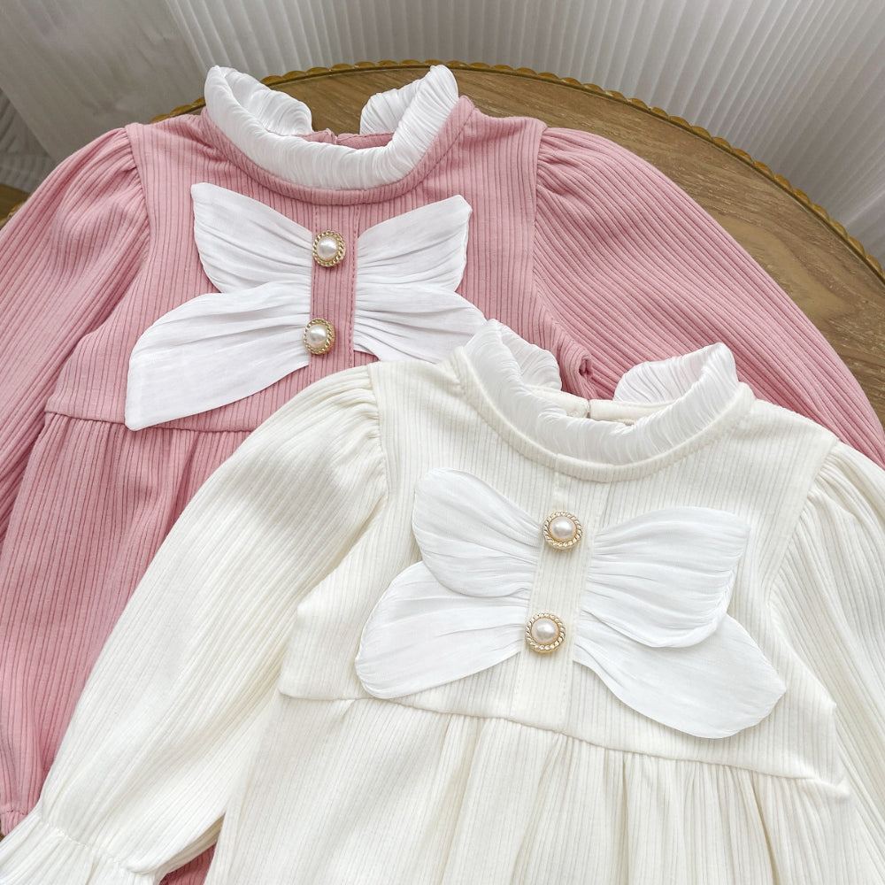 Ribbed Bow Pearl Button Bonnet Romper - Beekee
