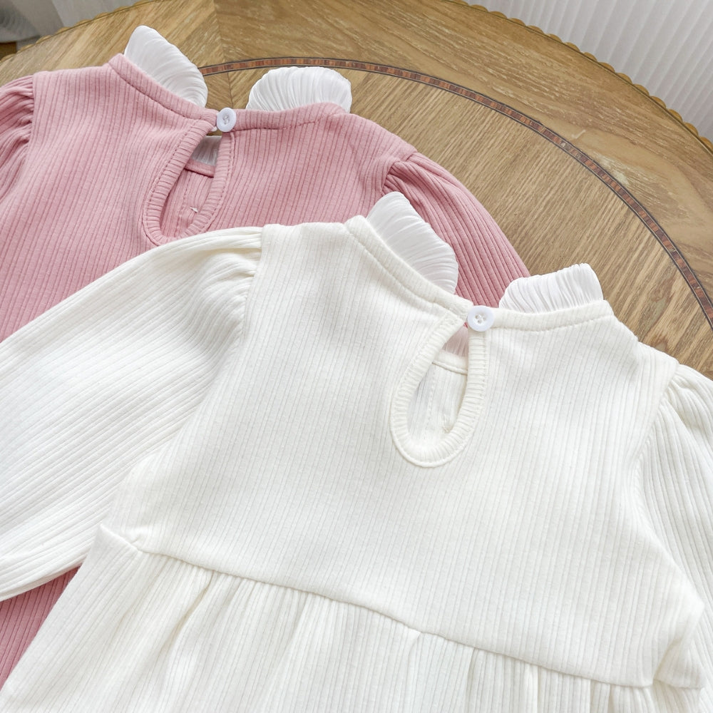 Ribbed Bow Pearl Button Bonnet Romper - Beekee