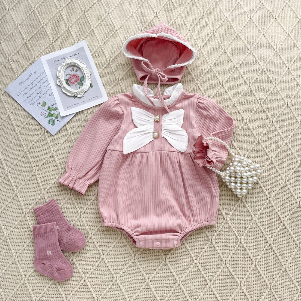 Ribbed Bow Pearl Button Bonnet Romper - Beekee