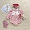 Ribbed Bow Pearl Button Bonnet Romper - Beekee