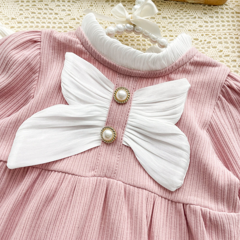 Ribbed Bow Pearl Button Bonnet Romper - Beekee