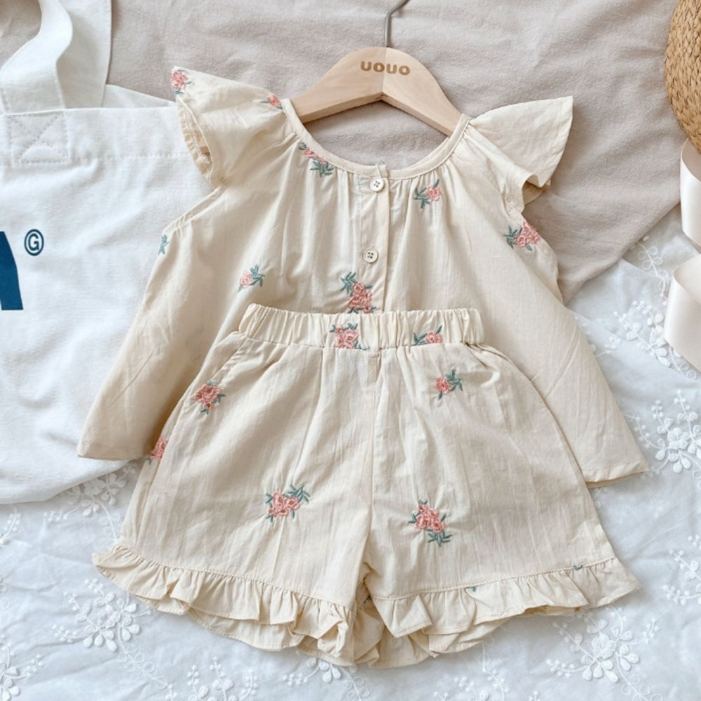 Ruffle Sleeve Floral Girls Outfit Set - Beekee