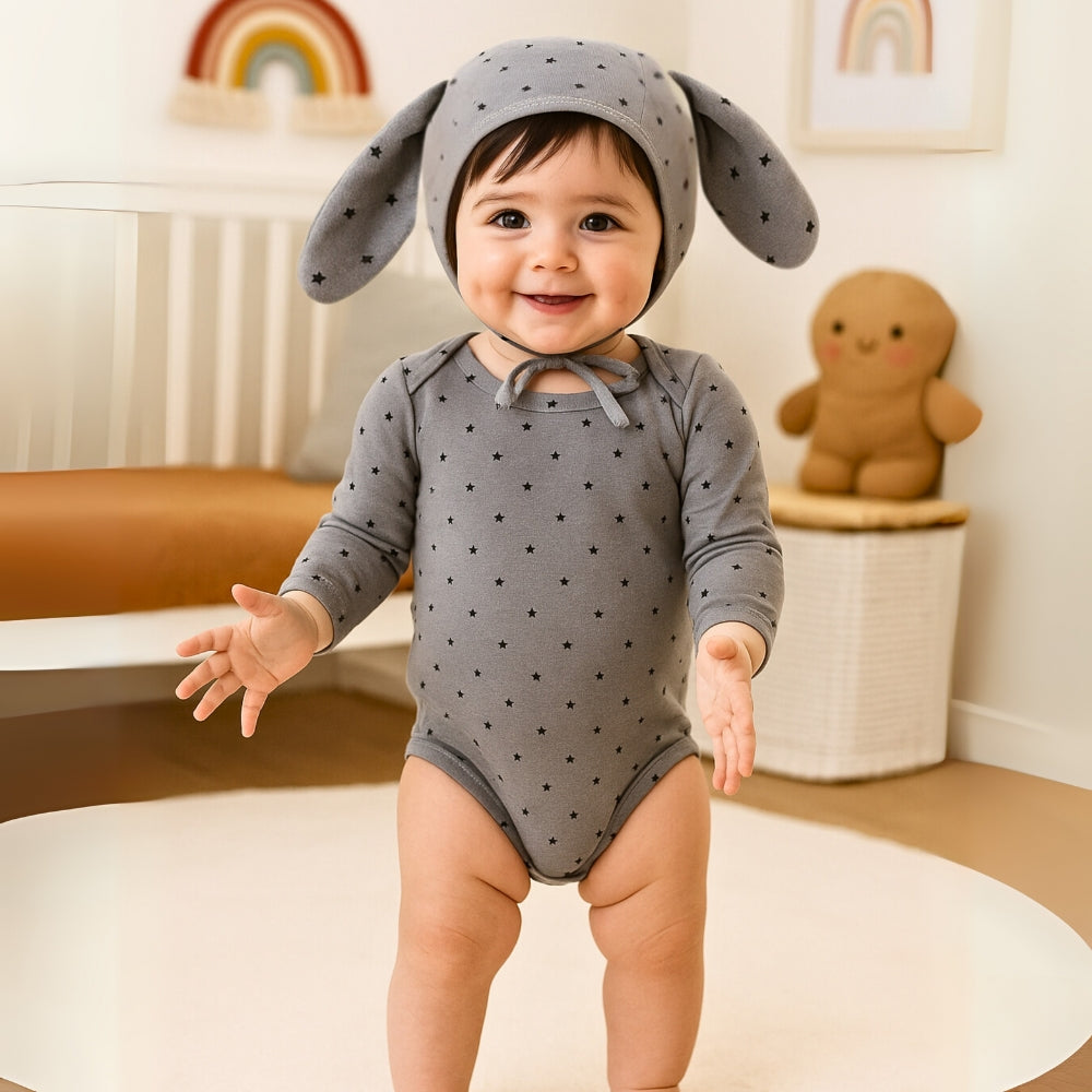 Star Print Baby Romper with Bonnet - Beekee