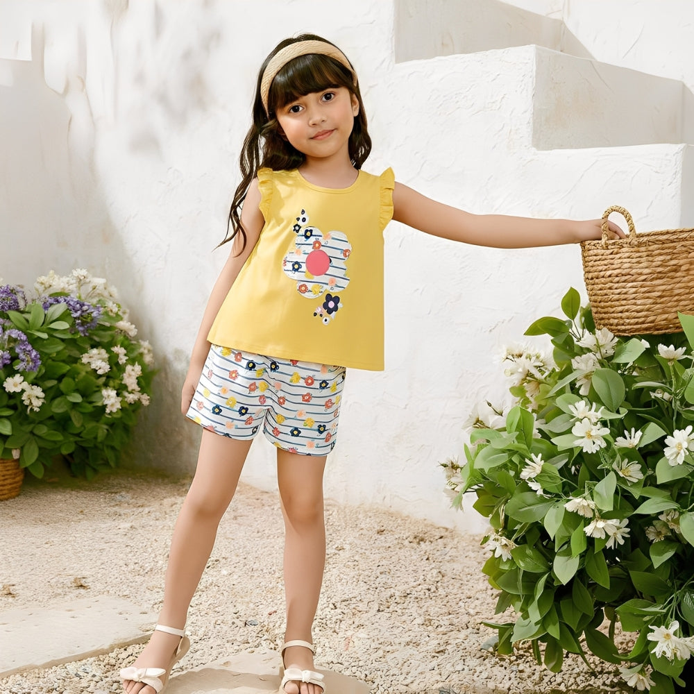 Sunny Flower Ruffle Top & Striped Shorts Set - Beekee