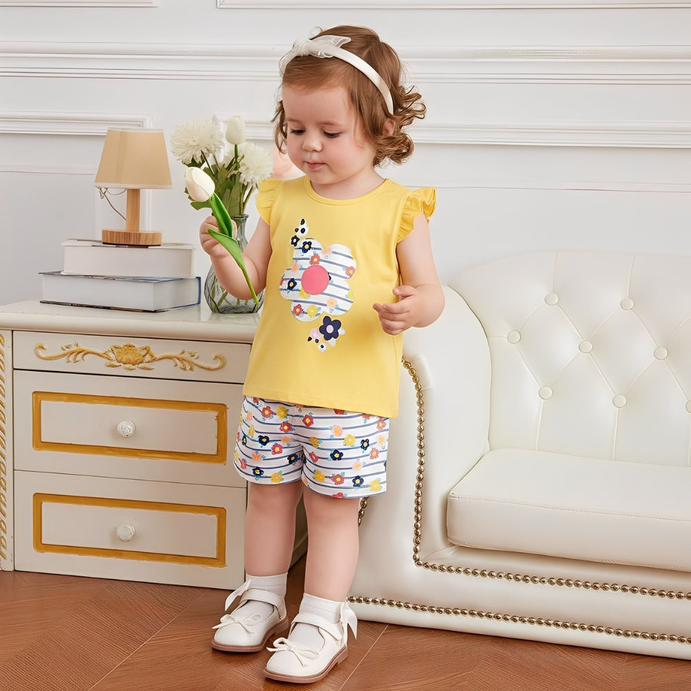 Sunny Flower Ruffle Top & Striped Shorts Set - Beekee