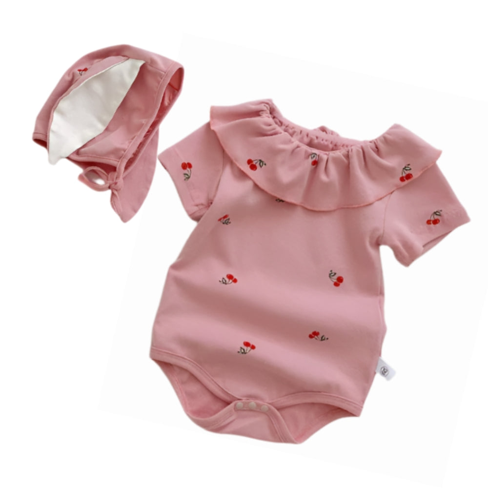 Sweet Cherry Ruffled Romper and Bonnet Set - Beekee