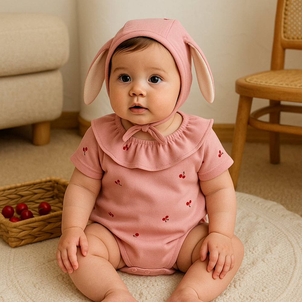 Sweet Cherry Ruffled Romper and Bonnet Set - Beekee