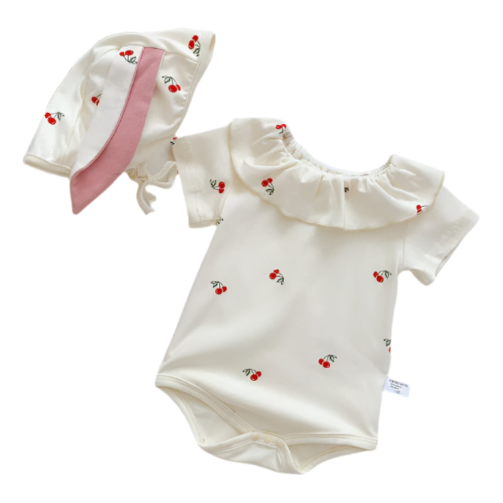 Sweet Cherry Ruffled Romper and Bonnet Set - Beekee