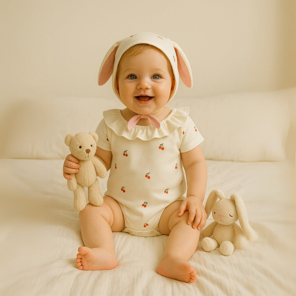Sweet Cherry Ruffled Romper and Bonnet Set - Beekee