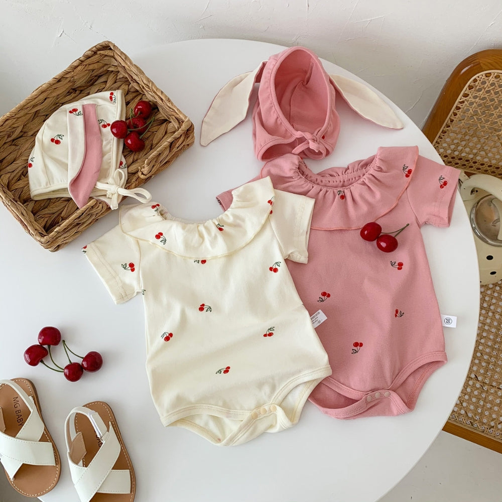 Sweet Cherry Ruffled Romper and Bonnet Set - Beekee