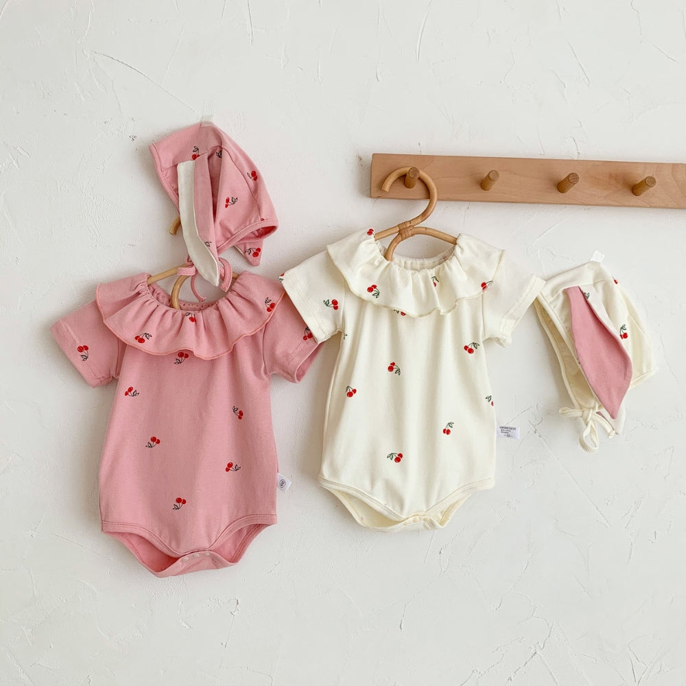 Sweet Cherry Ruffled Romper and Bonnet Set - Beekee