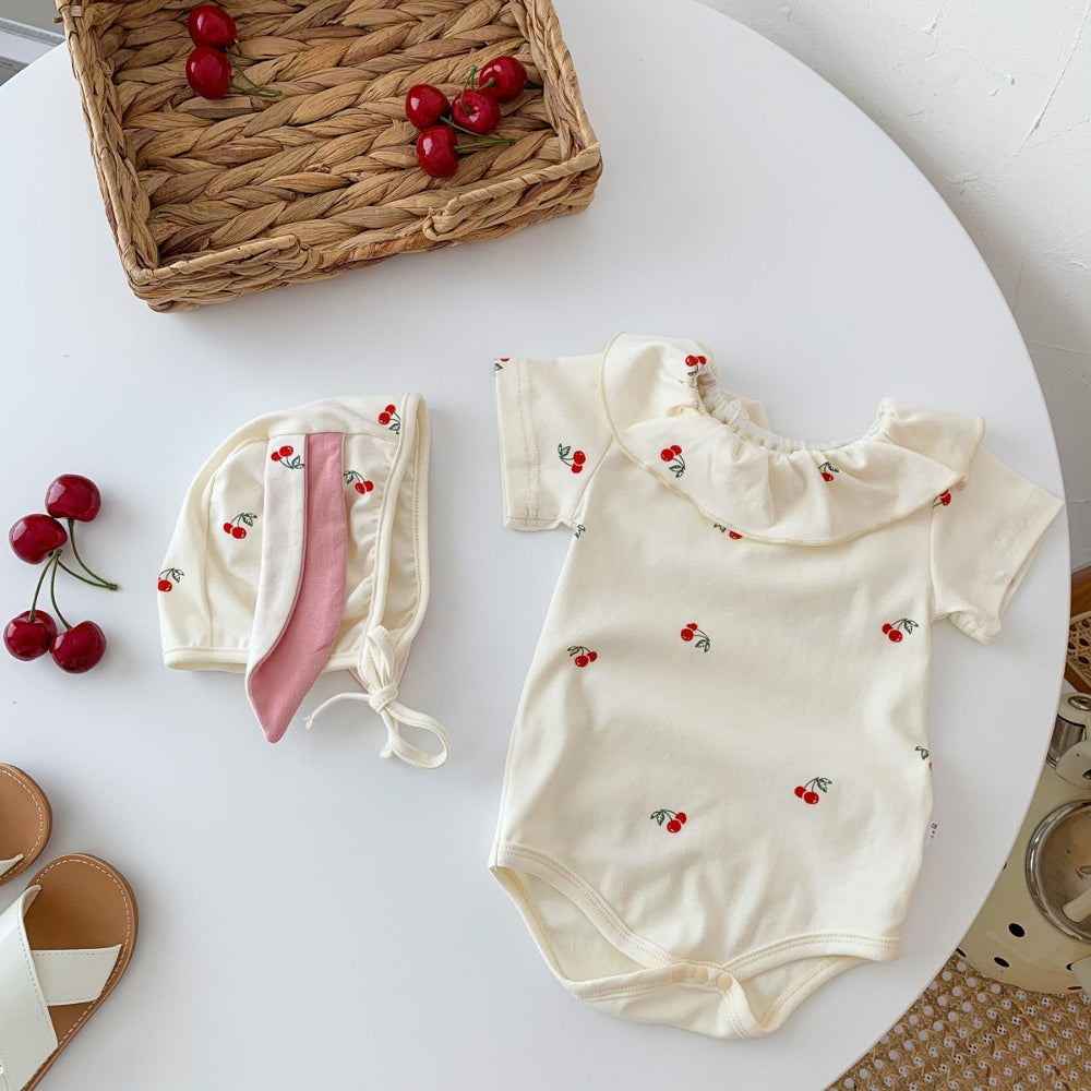 Sweet Cherry Ruffled Romper and Bonnet Set - Beekee