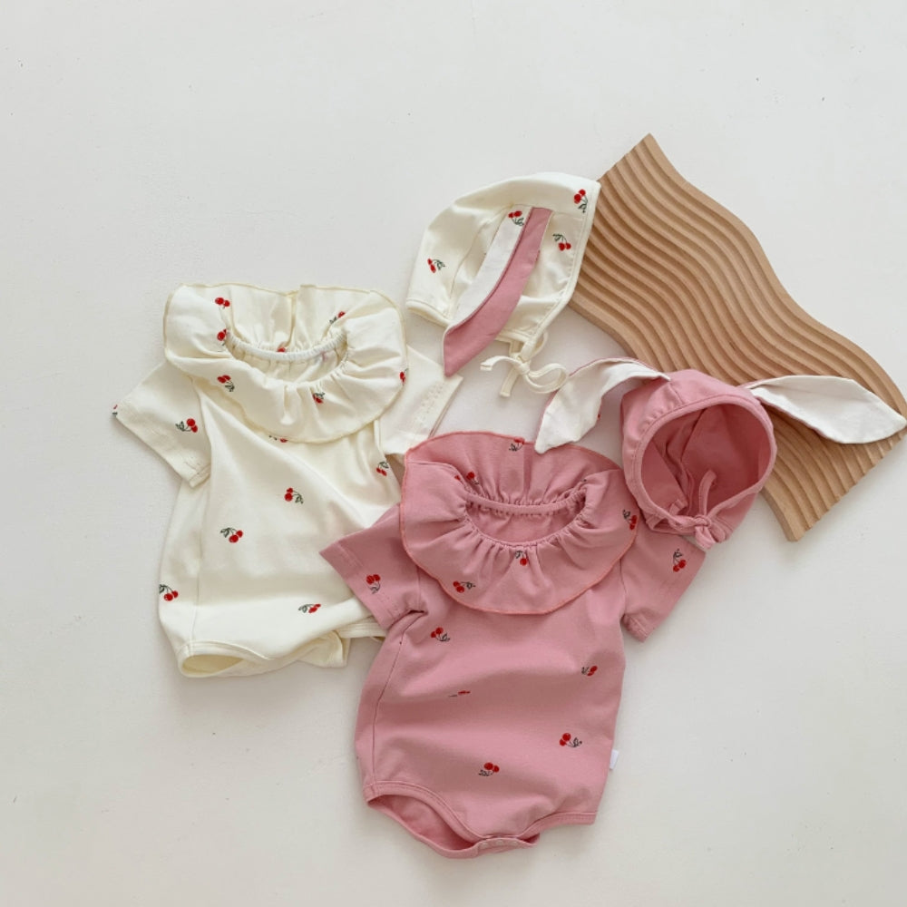 Sweet Cherry Ruffled Romper and Bonnet Set - Beekee