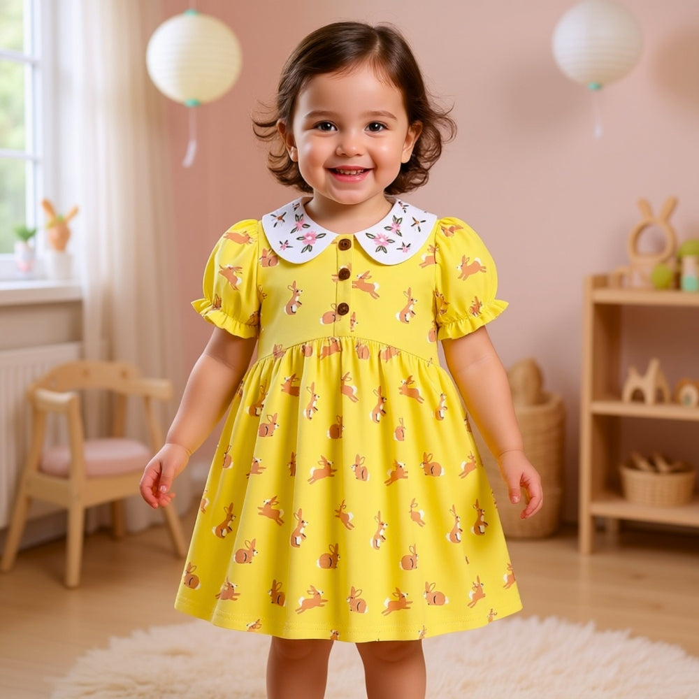 Sweet Bunny Print Girls Dress With Puff Sleeves - Beekee