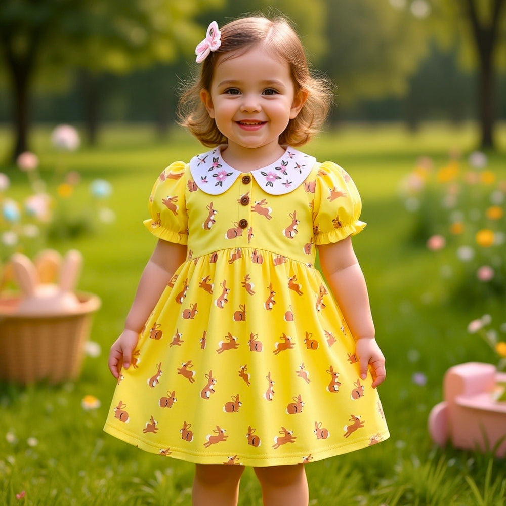 Sweet Bunny Print Girls Dress With Puff Sleeves - Beekee